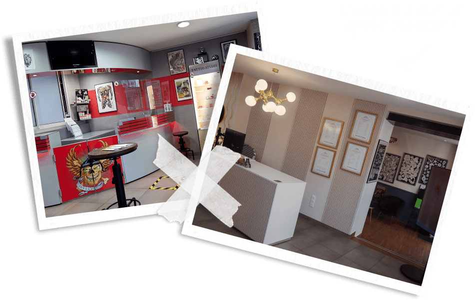 L’accueil du studio avant et après travaux : l’ancien comptoir rouge et gris, puis le nouvel accueil clair aux lambris rayés